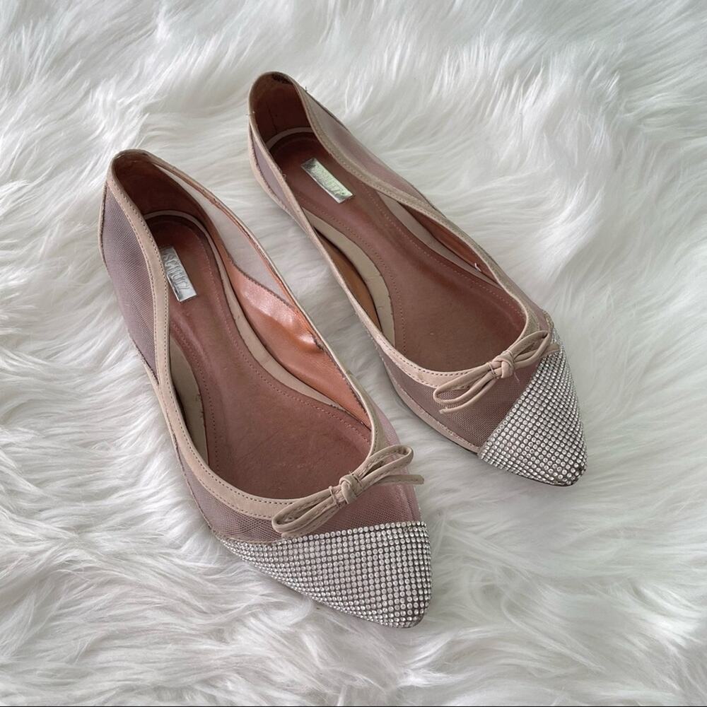 Schutz | Women’s Kani Ballerina Flats Nude Pointed Toe Rhinestones Bow Mesh Shoe